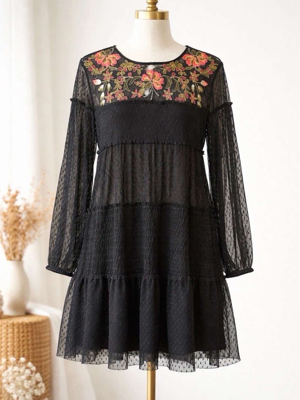 Maeve Anthropologie Dress XS Black Embroidered Sheer Swiss Dot Babydoll Boho